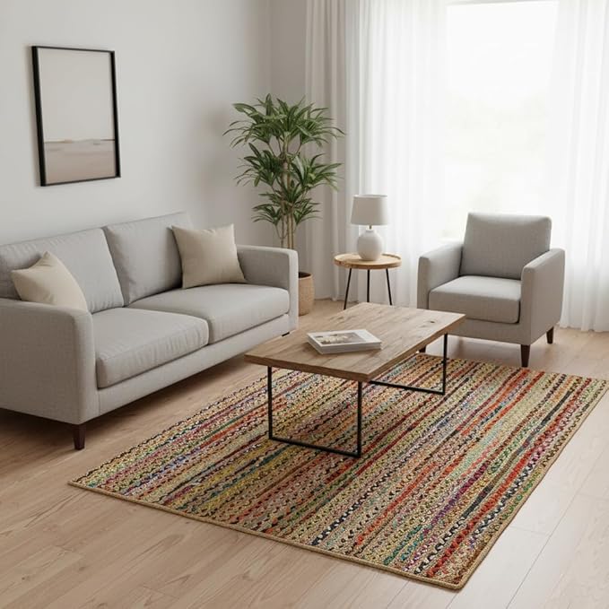REDEARTH · Jute Cotton Chindi Area Rug - 4'x6' Rectangular Rug, Handwoven, Non-Shedding, Soft & Durable – Multi Tones for Home Décor in Living Room, Dining Room, Bedroom