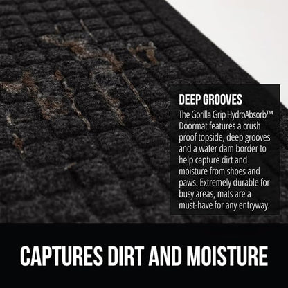 GORILLA GRIP Front Door Mat, 35x23, Indoor Outdoor Ultra Absorbent HydroAbsorb Doormat, Absorbs Up to 5.7 Cups of Water, Stain and Fade Resistant, Rubber Backing Doormats, Captures Dirt, Black