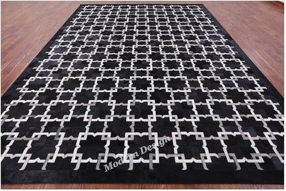 Modern Design Premium Cowhide Leather Carpet with Chevron Pattern, Area Rug (Black/Grey/White, 10x14)