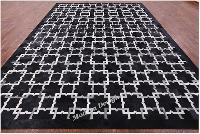 Modern Design Premium Cowhide Leather Carpet with Chevron Pattern, Area Rug (Black/Grey/White, 4x6)