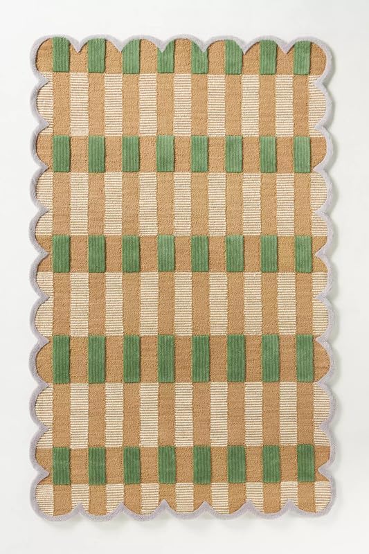 Handmade Scalloped Wool Area Rug - Modern Geometric Pattern, Green-Beige Stripes, Checkered Chevron Design - Soft, Durable Thick Carpet for Living Room, Bedroom (Green, 8' x 10')