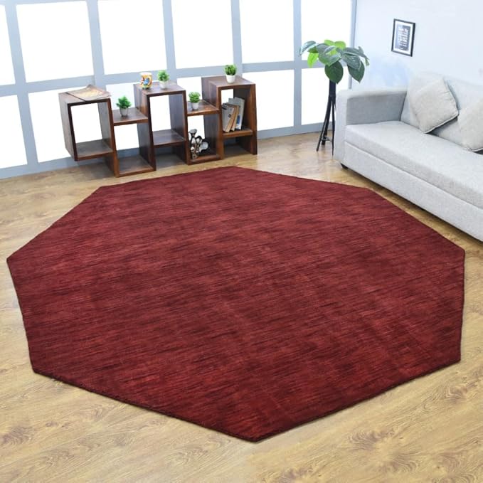 Hand Knotted Loom Wool ECO-Friendly Area Rugs - 6'x6', Octagon, Dark Red Color, Solid Plain Design, High Pile Handmade Anti Skid Area Rugs for Living Room, Bed Room (L00111)