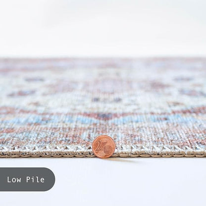 GLN Rugs Traditional Collection - Machine Washable Area Rug, Traditional Washable, Non Slip, Low Pile Chenille Rug, Living Room, Bedroom, Kitchen Rug (2'6" x 7' Brown/Blue)