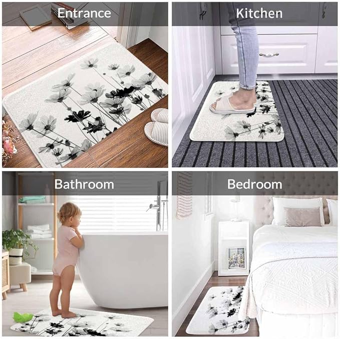Cosmos Flowers Bath Mat for Bathroom Black and White Pattern Bath Rugs Door Mat Non Slip Rubber Backed Bathroom Floor Mat for Bathtub Sink Shower 20"X32"