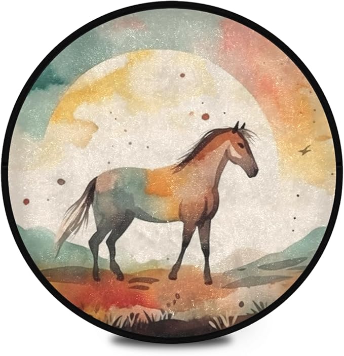 Round Washable Non-Slip Rug for Home & Office Soft Carpet for Living Room, Bedroom & Entryway Indoor/Outdoor Horse Watercolor Design Perfect for Dining Room Rubber Backed & Easy to Clean.