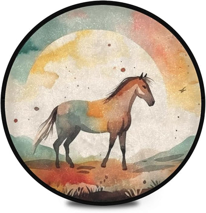 Round Washable Non-Slip Rug for Home & Office Soft Carpet for Living Room, Bedroom & Entryway Indoor/Outdoor Horse Watercolor Design Perfect for Dining Room Rubber Backed & Easy to Clean.