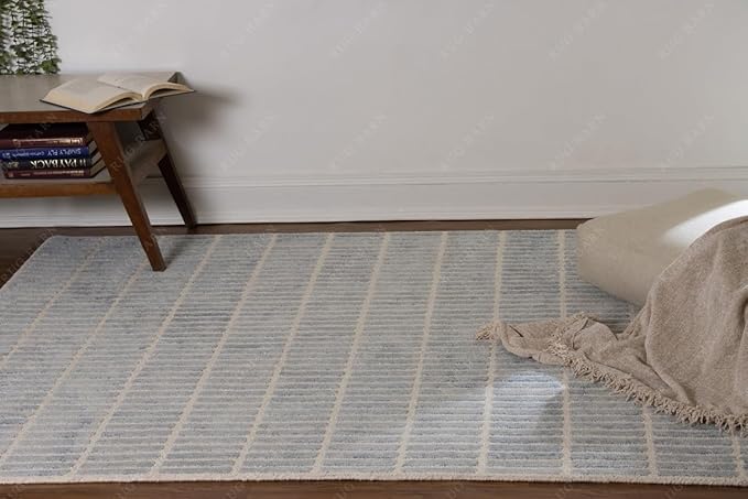 Capitola Hand-Tufted Wool Rug 8x10 Blue Coastal, Rustic Area Carpet for Bedroom Living Room, Textured Natural PB Style, Soft Wool Accent Mat