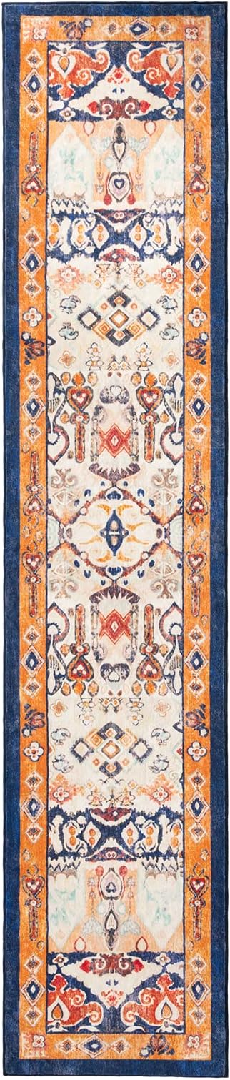 Phantoscope Washable Runner Rug 2'x10' Non-Slip, Vintage Boho Hallway Rugs for Entryway, Stair, Bedroom, Dining Room, Distressed Persian Market Pattern, Low-Pile Foldable Floor Carpet, Navy/Orange