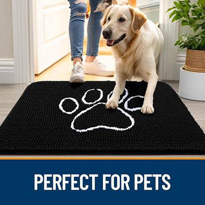 OLANLY Dog Door Mat for Muddy Paws 30x20, Paw Print Design, Absorbs Moisture and Dirt, Absorbent Non-Slip Washable Doormat, Quick Dry Chenille Mud Mat for Dogs, Entry Indoor Entryway Carpet, Black