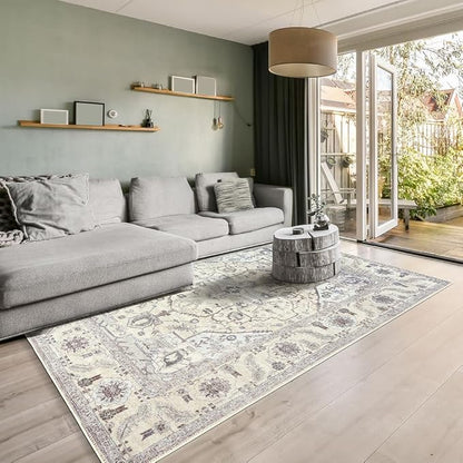 GLN Rugs Traditional Collection - Machine Washable Area Rug, Traditional Washable, Non Slip, Low Pile Chenille Rug, Living Room, Bedroom, Kitchen Rug (3' x 5' Cream/Gray)