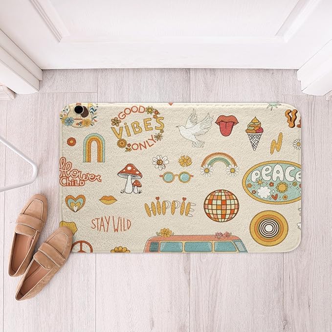 Kids 70s Party Decorations Bath Mat Cute Bus Car Non Slip Bath Rugs for Boys Girls Pastel Rainbow Super Cozy Bathroom Rug 16x24 Hippie Mushroom Bathroom Accessories 60s Retro Disco Rug Groovy Decor