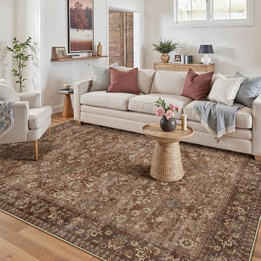 HUGEAR 5x7 Machine Washable Rugs Brick Red Hallway Area Rug Indoor Accent Rug Floral Low Pile Carpet Soft Throw Aesthetic Rug Bedroom Living Room Office Dining Room Kitchen Laundry Room Non Slip