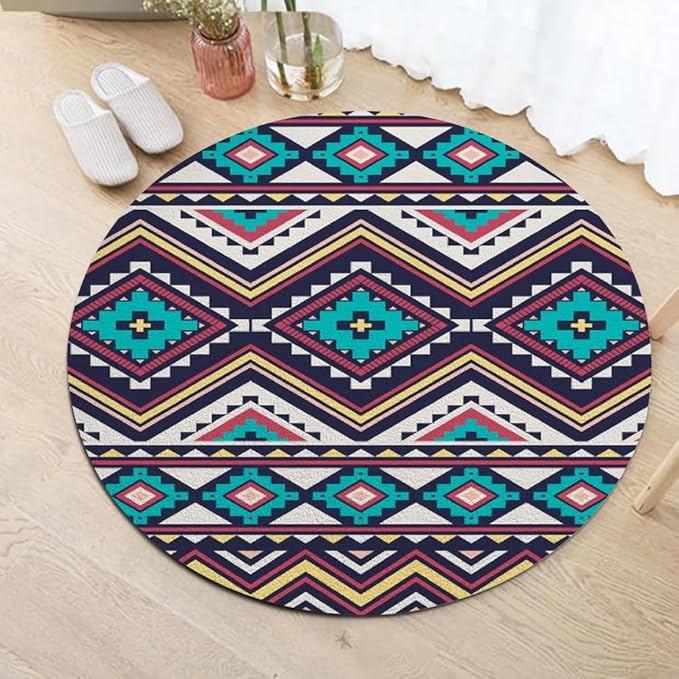 Native Tribal Geometry Round Rug Vintage Blue White Living Room Bedroom Area Rug Non Slip Soft Low Pile Washable Indoor Floor Carpet for Dining Room Kitchen Office Entryway 6ft