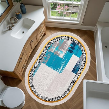 Vintage Luxury Grey Blue Gold Abstract Geometric Texture Oval Area Rug 2x3 for Living Room Bedroom Dining Room Minimalist Bordered Large Rugs Nursery Dorm Kitchen Entryway Soft Non Skid Floor Carpet