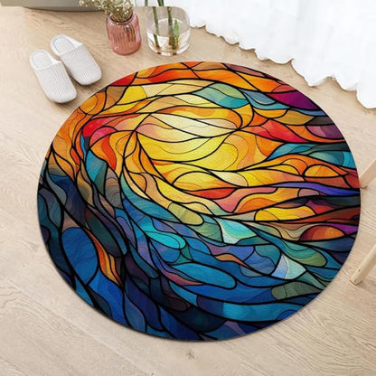 Abstract Colorful Pattern Round Rug Vintage Church Glass Area Rug Washable Soft Non-Slip Floor Carpet Low Pile Accent Rugs for Entryway Living Room Dining Room Bedroom Home Office 5ft