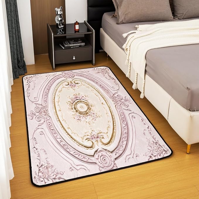 Light Pink Large Area Rug 5x7 Antique Decor Boho Floral Living Room Rug | Bohemian Flowers Rugs for Bedroom, Minimalist Damask Victorian Carpet Indoor Floor Mat