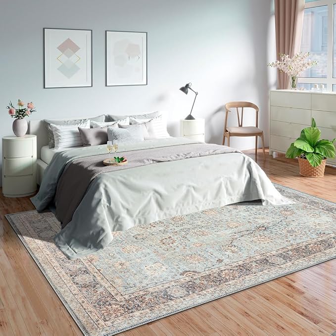 GLN Rugs Traditional Collection - Machine Washable Area Rug, Traditional Washable, Non Slip, Low Pile Chenille Rug, Living Room, Bedroom, Kitchen Rug (5' x 7' Light Blue)
