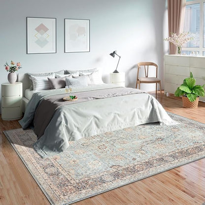 GLN Rugs Traditional Collection - Machine Washable Area Rug, Traditional Washable, Non Slip, Low Pile Chenille Rug, Living Room, Bedroom, Kitchen Rug (6' x 9' Light Blue)