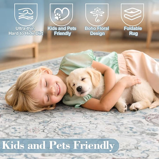 Wonnitar Floral 8x10 Washable Rug, Blue Rug for Bedroom Nursery Decor, Ultra-Thin Large Non-Slip Soft Boho Vintage Distress Print Carpet for Living Room Kids Playroom Office