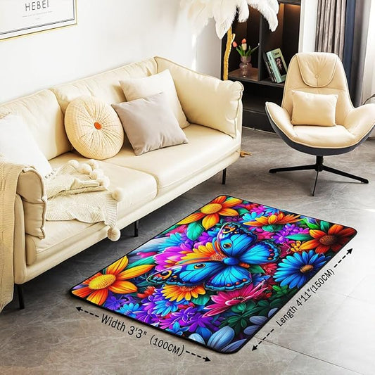 Colorful Butterfly 3x5 Area Rug Rainbow Flowers Rugs for Living Room | Rustic Butterflies Washable Rug, Watercolor Beetles Aesthetic Animal Carpet Indoor Floor Mat