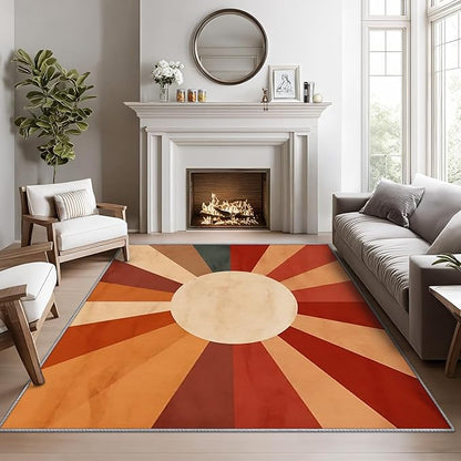 70s Rugs for Living Room -Retro Sun Rug, 5x8 ft, Mid Century Sun Area Rug, Red and Orange Washable Non-Slip Stain Resistant, Boho Retro 70s Home Decor & Gifts