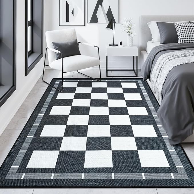 Vasofe Checkered Jute 5x7 Area Rugs, Washable Outdoor Patio Rug for Living Room Indoor Carpet, Non-Slip Farmhouse Geometric Non Slip Carpet for Backyard Dining Room Bedroom, Black and White