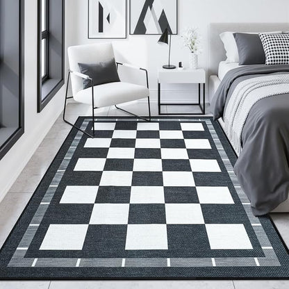 Vasofe Checkered Jute 5x7 Area Rugs, Washable Outdoor Patio Rug for Living Room Indoor Carpet, Non-Slip Farmhouse Geometric Non Slip Carpet for Backyard Dining Room Bedroom, Black and White