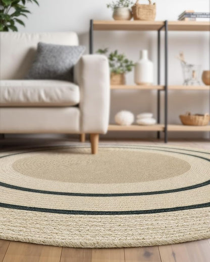DEXI Round Jute Rug Natural Fiber 6x6, Braided Woven Area Rugs No Shed, Large Soft Neutral Rustic Carpet Mat for Indoor Outdoor Patio Dining Living Room Bedroom Farmhouse, 6ft, Ivory/Black