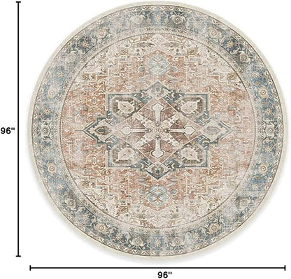 RUGGABLE Washable Vintage Area Rug – Kamran Coral 8 ft Round, Stain-Resistant, Non-Slip – Large Machine Washable Rugs for Living Room, Bedroom, Hallway, Entryway & Office–with Cushioned Pad