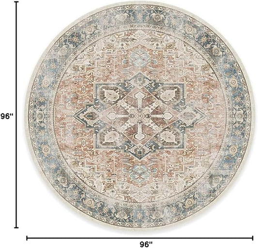 RUGGABLE Washable Vintage Area Rug – Kamran Coral 8 ft Round, Stain-Resistant, Non-Slip – Large Machine Washable Rugs for Living Room, Bedroom, Hallway, Entryway & Office–with Cushioned Pad