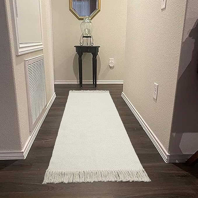 Collive 2x6 Runners for Hallway, Woven Reversible Washable Entryway Runner Rug, White/Beige Cotton Modern Farmhouse Laundry Room Carpet for Bathroom Sink Foyer Bedroom