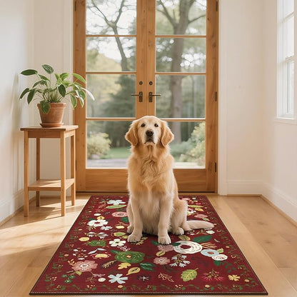 U'Artlines 3x5ft Colorful Red Christmas Floral Rug,Non Slip Washable Area Rug Ultra Soft Low Pile Boho Small Carpet for Living Room, Bedroom, Dining Room,Farmhouse,Office