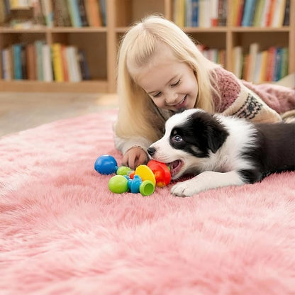 4x4 Round Solid Fluffy Pink Area Rug – Washable, Durable, Circle Bedroom Rug, Non-Slip High Pile Shag Rugs for Living Room, Bedside, Dorms, Grils Rooms, Kids Room, Soft Indoor Floor Carpet