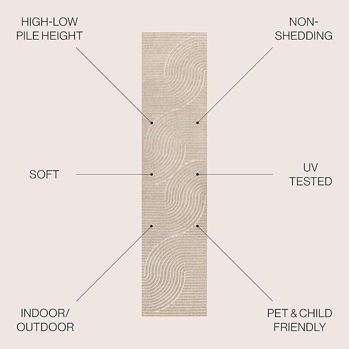 JONATHAN Y Hallie High-Low Curve Beige/Cream 2x8 Indoor/Outdoor Runner Rug, Minimalist Geometric, Pet Friendly, for Patio, Backyard, Living Room, Bedroom, Office, Hose-Washable (SCN100D-28)