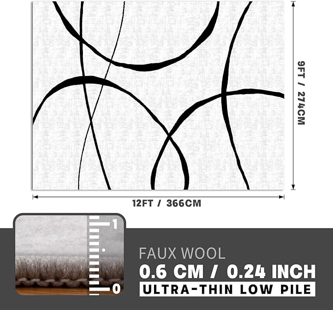 YIHOUSE Curve 9x12ft Modern Washable Area Rug for Living Room Bedroom - Large Abstract Black and White Rug Non-Slip Ultra-Thin Home Decor