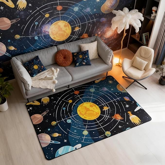 Outer Space 3 x 5 Area Rug Universe Solar System Rugs for Living Room | Cosmic Planet Washable Rug, Educational Learning Galaxy Carpet Indoor Floor Mat