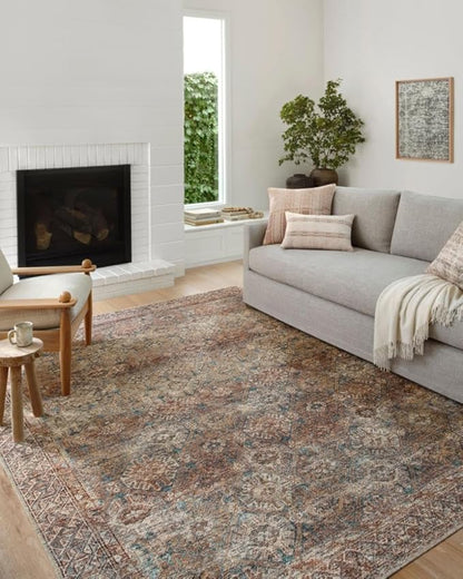 Loloi Amber Lewis Billie Collection, Aqua & Rust 7'-6" x 9'-6" Area Rug – Antique & Distressed Accent Rugs for Living Room, Bedroom, Entryway & Hallway, No Shed High Traffic Area Home Decor Rug