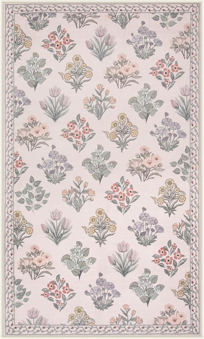 Wonnitar Floral 3x5 Washable Rug, Ultra-Thin Pink Small Rugs for Bedroom, Soft Ultra-Thin Non Slip Entryway Indoor Decor Carpet for Bedside Decor Office Girls Room Dorm, Pale Pink