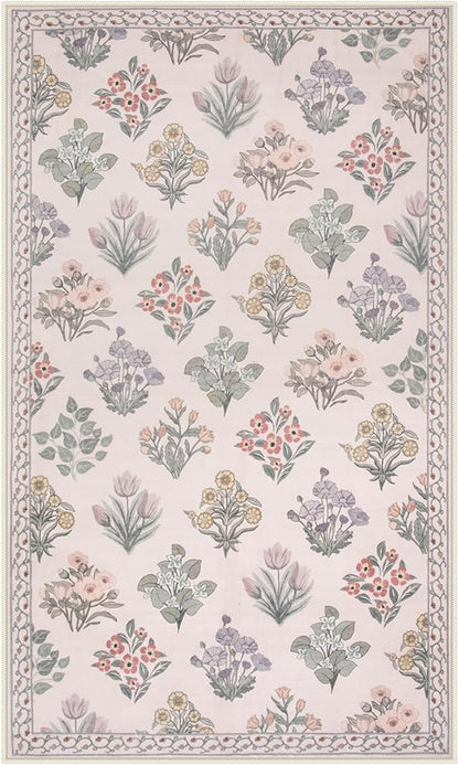 Wonnitar Floral 3x5 Washable Rug, Ultra-Thin Pink Small Rugs for Bedroom, Soft Ultra-Thin Non Slip Entryway Indoor Decor Carpet for Bedside Decor Office Girls Room Dorm, Pale Pink
