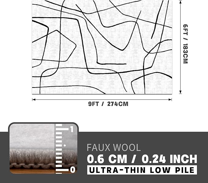 YIHOUSE Abstract 6'x9' Black and White Rug- Washable Area Rug for Living Room Bedroom, Large Modern Non-Slip Ultra-Thin Rug Home Decor,Abstract,6x9ft