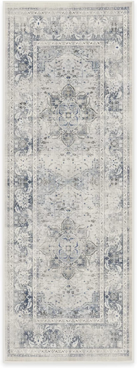 RUGGABLE Washable Vintage Runner Rug – Sarrah Blue Quartz 2.5x7, Stain-Resistant, Non-Slip Hallway Runner – Machine Washable Rug for Hallway, Entryway, Living Room & Kitchen–with Standard Pad