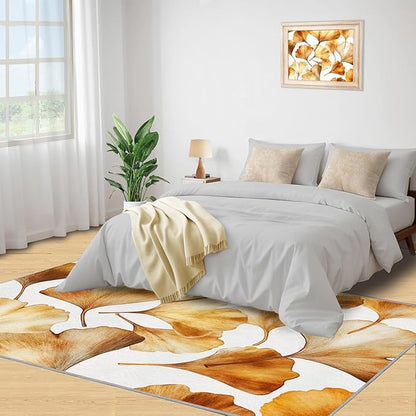 Golden Leaf Rugs for Bedroom - 3x5 Area Rug - 3D Ginkgo Leaf Rugs for Living Room, Modern Simple Art Rug, Non-Slip Washable Home Decor Carpet
