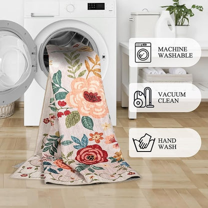 DUKINO 5x7 Area Rug, Floral Rugs for Living Room, Lightweight Non Slip Washable Rug, Indoor Low Pile & Non-Shedding Boho Design Rugs for Bedroom, Living Room, Dining Room, Beige