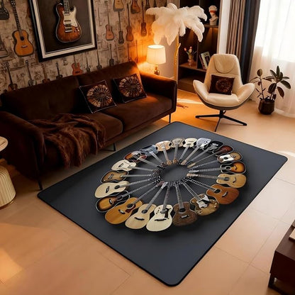 Round Guitar Area Rug 3x5 Musical Instruments Rugs for Living Room | Music Notes Modern Rock Washable Rug, Grunge Hip Hop Carpet Indoor Floor Mat