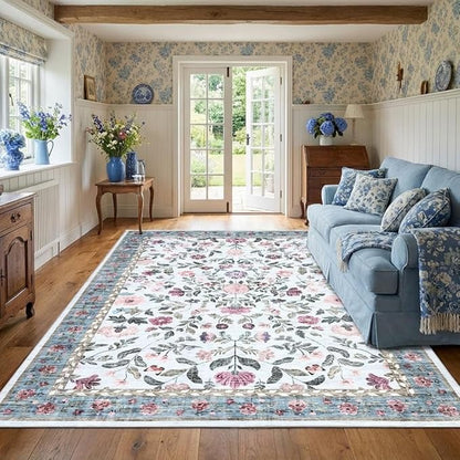 5x7 Washable Non-Slip Rug, Vintage Floral Area Rug for Living Room, Low Pile Farmhouse Distressed Carpet for Nursery Playroom Dorm Teens Office, Light Blue