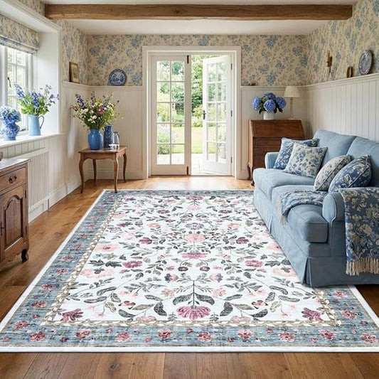 5x7 Washable Non-Slip Rug, Vintage Floral Area Rug for Living Room, Low Pile Farmhouse Distressed Carpet for Nursery Playroom Dorm Teens Office, Light Blue