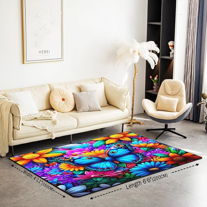 Colorful Butterfly 5x7 Area Rug Rainbow Flowers Living Room Rug | Rustic Butterflies Rugs for Bedroom, Watercolor Beetles Aesthetic Animal Carpet Indoor Floor Mat