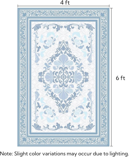 SOULFUL Medium Pile 4x6 Rugs for Living Room - Soft Foot Feel Area Rug - Mist Blue Boho Floral - Washable Non-Slip - Perfect for Bedroom Kids Room Under Dining Table Office