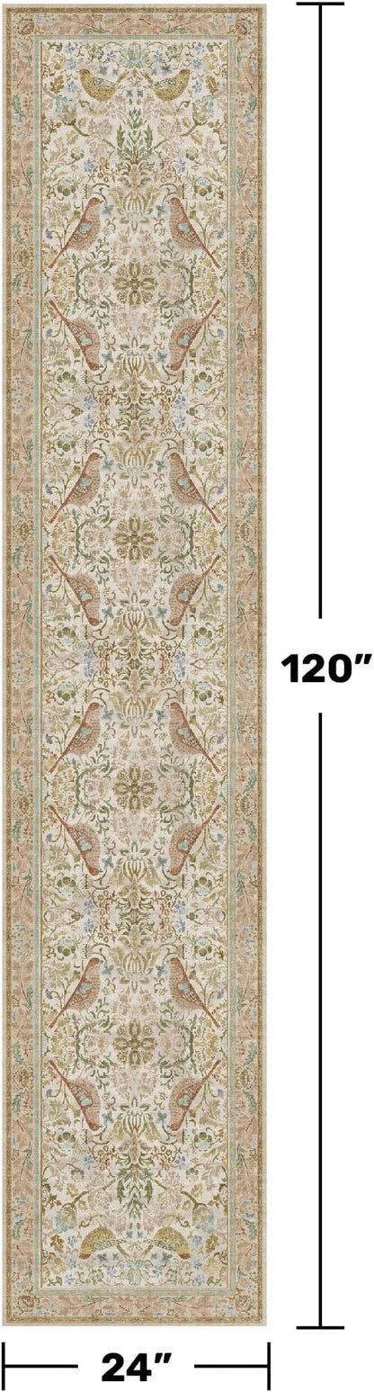 Beige 10 ft Long Vintage Runner Rugs for Hallways - 2x10 Kitchen Runners Non Slip Washable, Low Pile Entryway Rug, with Flowers and Leaves Décor