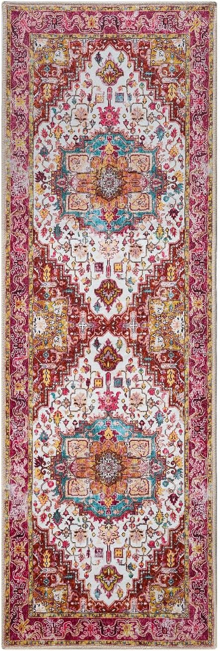 Runner Rug 2×6, Machine Washable Vintage Non-Slip Area Rug, Low Pile, Decorative Carpet Printed Floral Rugs for Living Room, Entryway, Kitchen, Bedroom, Plum
